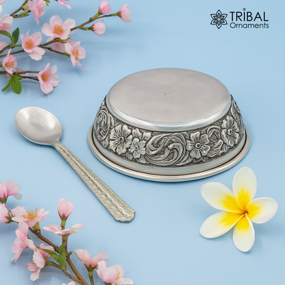 Handcrafted 925 sterling silver bowl and spoon set with antibacterial properties, ideal for baby's rice ceremony, by TRIBAL ORNAMENTS.