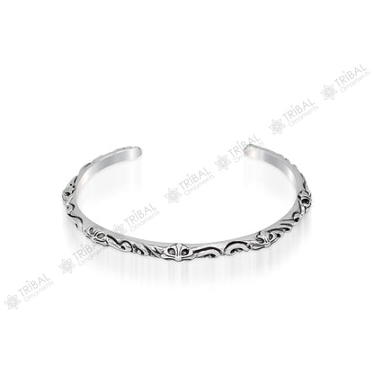 925 sterling silver tribal style bangle cuff for men and women, handcrafted solid bracelet with a glossy, graceful design.