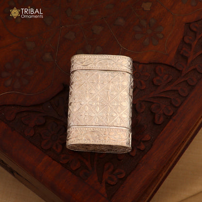 Handmade 925 sterling silver 2-in-1 tobacco and storage box by Tribal Ornaments, featuring intricate silver detailing and compact design.