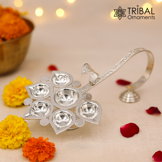 925 Sterling silver handmade amazing design home temple art Aarti lamp, amazing 5 deepak 5 lamp arti temple art puja figurine su980 - TRIBAL ORNAMENTS