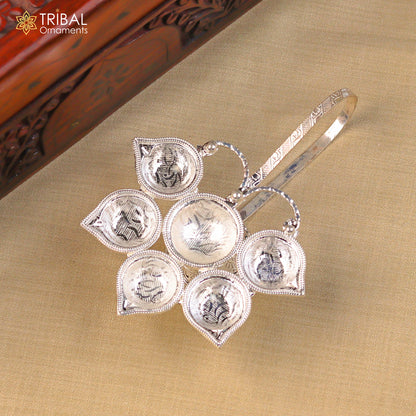 925 Sterling silver handmade Aarti lamp with intricate temple design, perfect as home decor or temple art figurine.