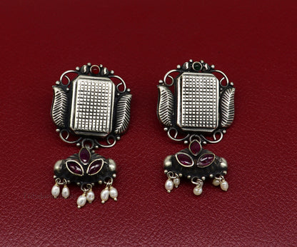 925 sterling silver handmade Amazing stunning hanging pearl stud earring, best gifting brides tribal belly dances earrings s936 - TRIBAL ORNAMENTS