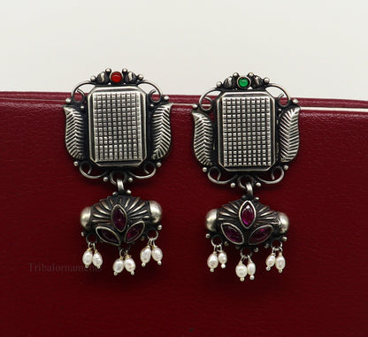 925 sterling silver handmade Amazing stunning hanging pearl stud earring, best gifting brides tribal belly dances earrings s936 - TRIBAL ORNAMENTS