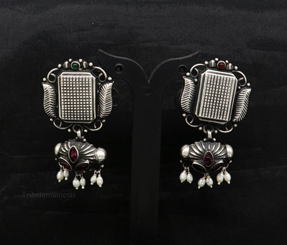 925 sterling silver handmade Amazing stunning hanging pearl stud earring, best gifting brides tribal belly dances earrings s936 - TRIBAL ORNAMENTS