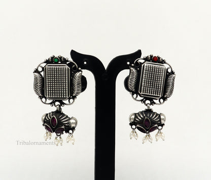 925 sterling silver handmade Amazing stunning hanging pearl stud earring, best gifting brides tribal belly dances earrings s936 - TRIBAL ORNAMENTS