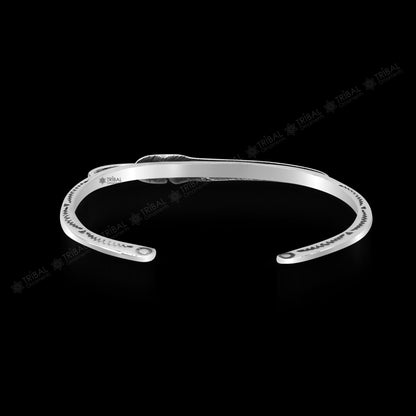 Adjustable 925 sterling silver feather design cuff bracelet by TRIBAL ORNAMENTS, unisex stylish jewelry with modern, trendy appeal.