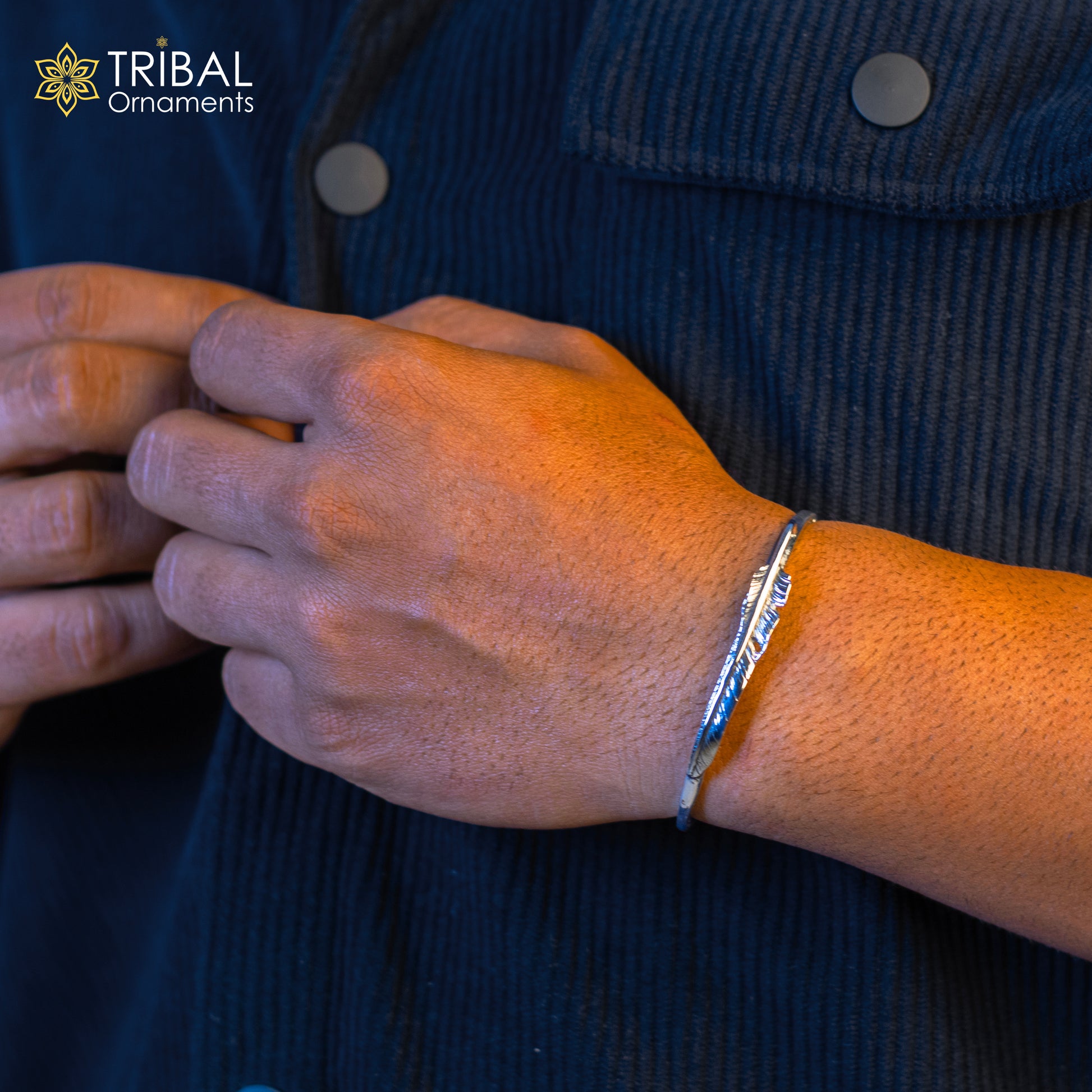 925 sterling silver feather design adjustable cuff bracelet by Tribal Ornaments, stylish unisex jewelry with modern handmade craftsmanship.