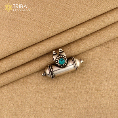Sterling silver tribal amulet box pendant with vibrant blue turquoise stone, vintage design, handmade ethnic jewelry by Tribal Ornaments.