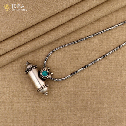 Sterling silver tribal amulet box pendant with vibrant blue turquoise stone, featuring vintage ethnic design by TRIBAL ORNAMENTS.