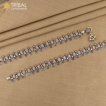 Sterling silver handmade anklet foot bracelet with tribal design, personalized gift for women, crafted by TRIBAL ORNAMENTS.