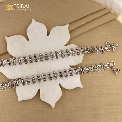 Handmade 925 sterling silver tribal anklet foot bracelet with intricate design, personalized gift for women from Tribal Ornaments.