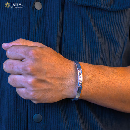Unisex 925 sterling silver OM Namah Shivay mantra bangle cuff bracelet with intricate handmade tribal design from India.