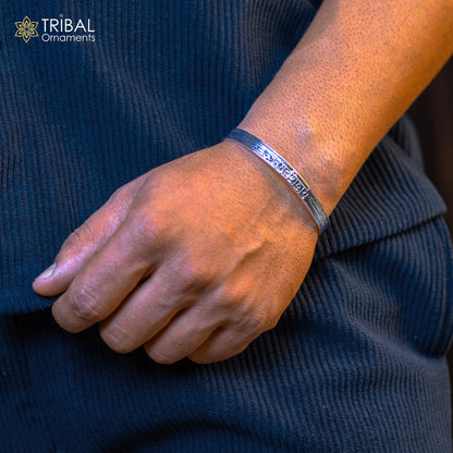 Unisex 925 sterling silver OM Namah Shivay mantra bangle cuff bracelet with open face design, handmade Indian jewelry from TRIBAL ORNAMENTS.
