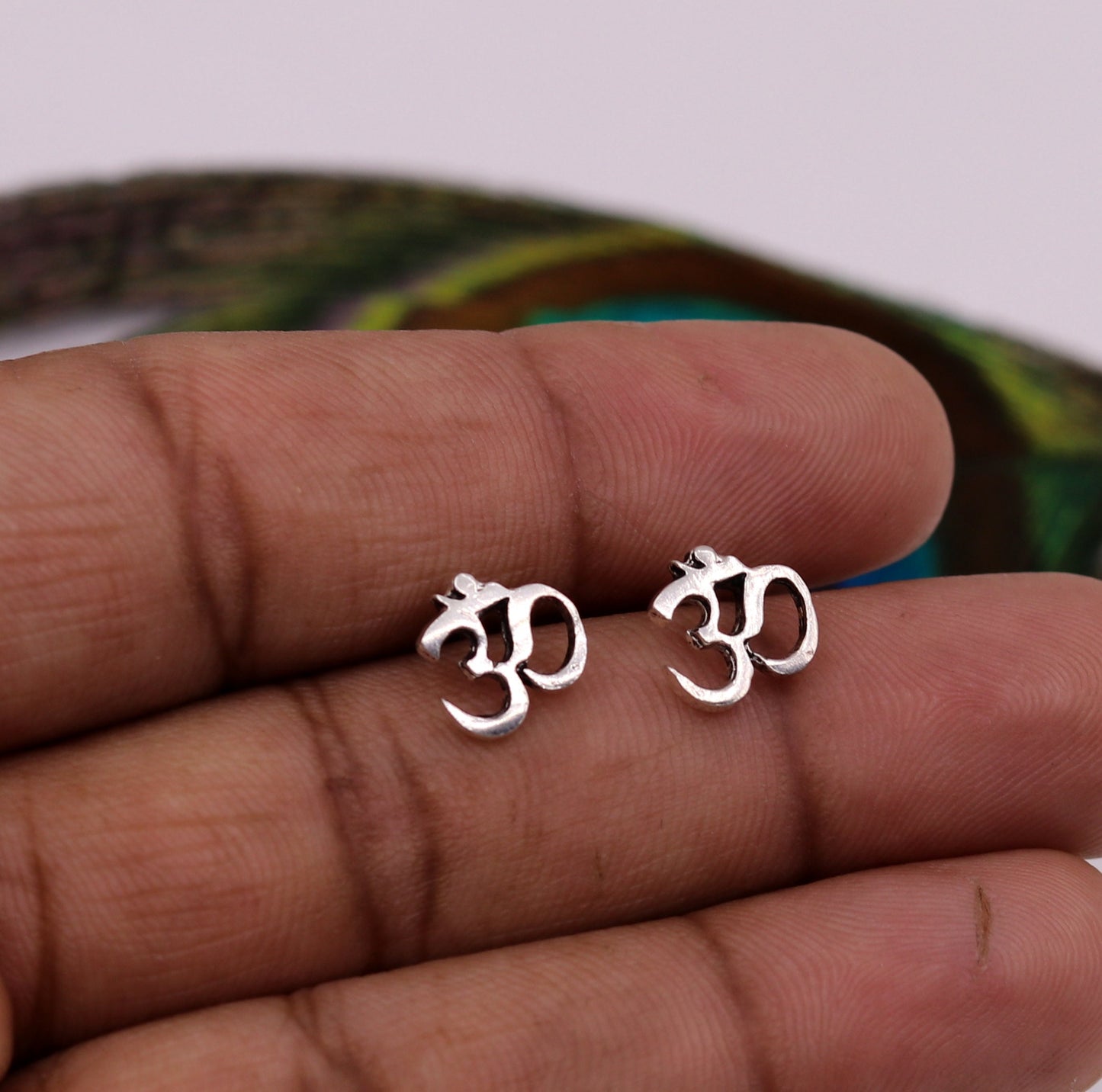 Sterling silver handmade Aum OM stud earring from Rajasthan, unisex tribal jewelry by TRIBAL ORNAMENTS.