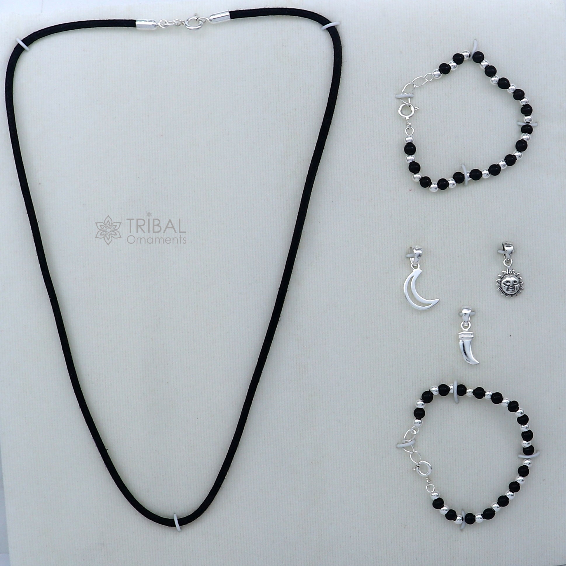 925 sterling silver handmade baby necklace pendant set with gorgeous adjustable black beads bracelet and 3 little pendants jewelry babyset2 - TRIBAL ORNAMENTS