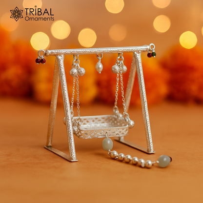 925 Sterling silver handmade Bal Gopala swing featuring Little Krishna, intricate silver Jhula for Laddu Gopal, crafted by TRIBAL ORNAMENTS