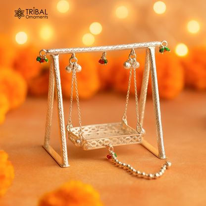 Handmade 925 sterling silver Bal Gopala jhula with Little Krishna swing, detailed silver art featuring Laddu Gopal for children.