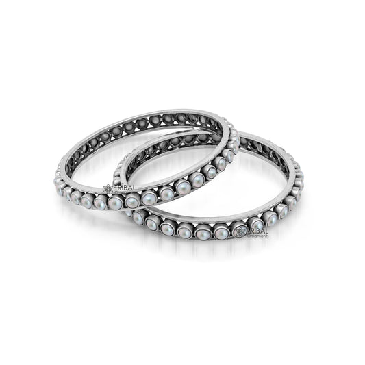 925 sterling silver handmade bangle bracelet kada, gorgeous natural pearl, amazing custom made excellent tribal bridal oxidized jewelry ba45 - TRIBAL ORNAMENTS