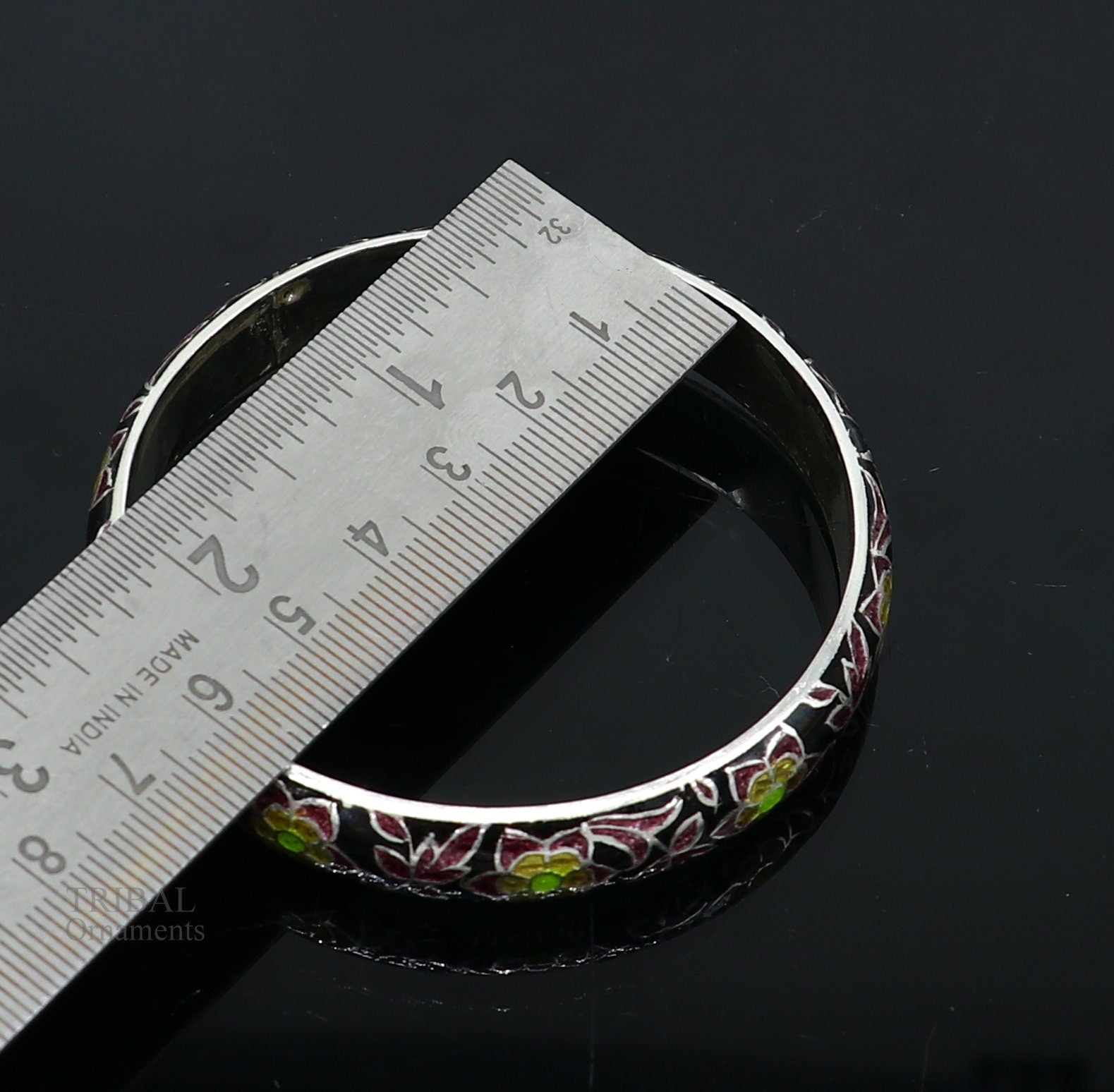 925 Sterling silver black enamel floral dainty bangle bracelet with vintage style, handcrafted jewelry by TRIBAL ORNAMENTS