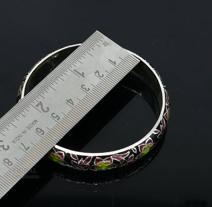 925 Sterling silver black enamel floral dainty bangle bracelet with vintage style, handcrafted jewelry by TRIBAL ORNAMENTS