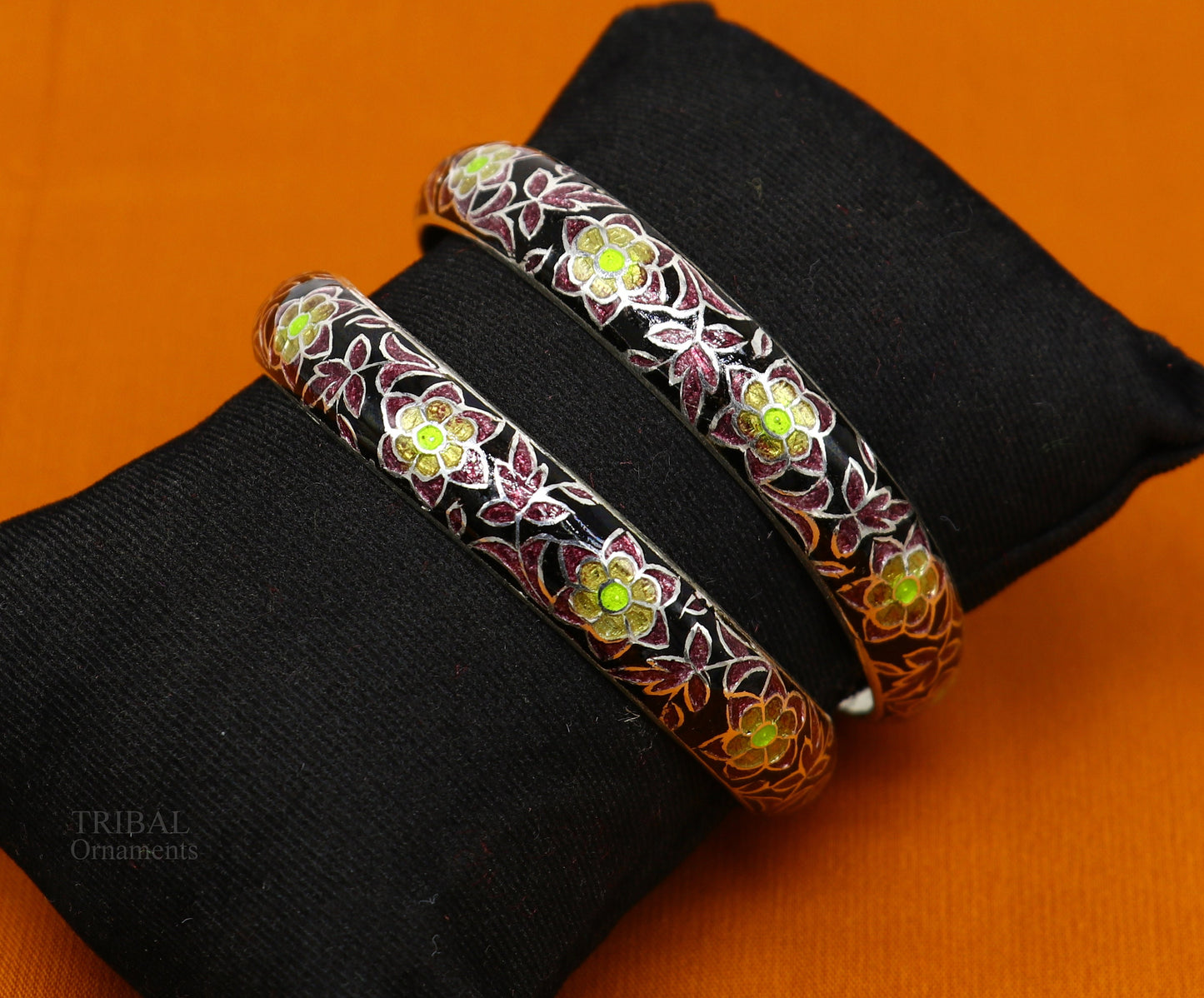 Sterling silver black enamel floral bangle bracelet with dainty vintage design by TRIBAL ORNAMENTS, perfect for elegant jewelry.