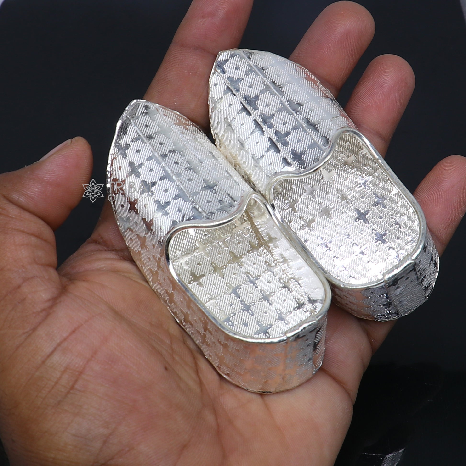 925 sterling silver handmade Charan paduka or slippers for idol krishna, laddu gopala, little krishna or Vshnu Narayana puja art su1319 - TRIBAL ORNAMENTS