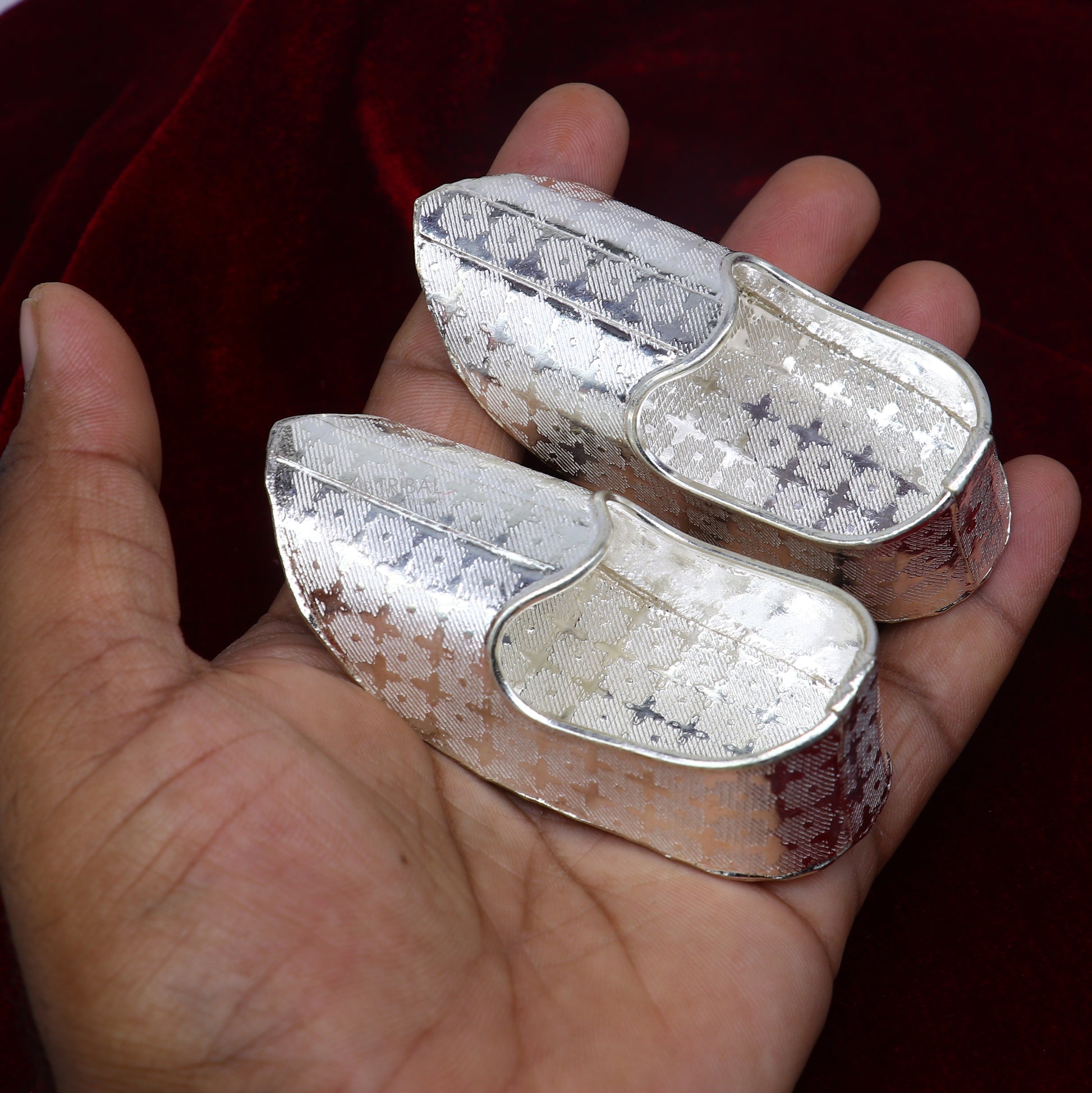 925 sterling silver handmade Charan paduka or slippers for idol krishna, laddu gopala, little krishna or Vshnu Narayana puja art su1319 - TRIBAL ORNAMENTS