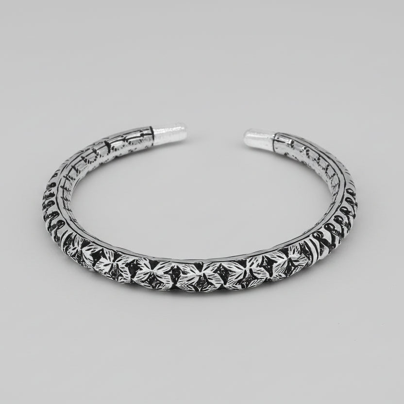 Sterling silver handmade Chitai bangle cuff bracelet by Tribal Ornaments, featuring tribal ethnic design and intricate detailing.