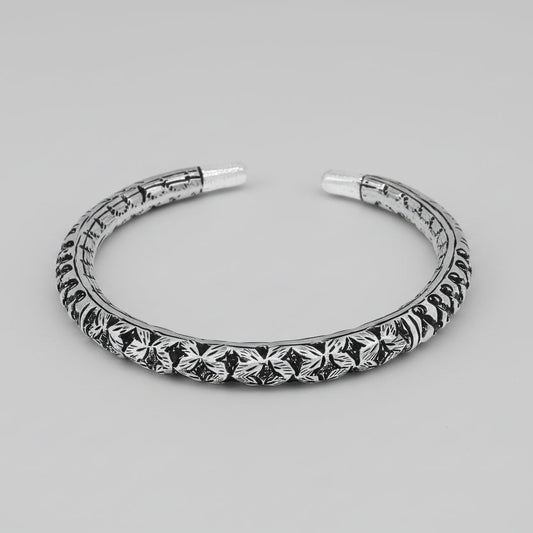 Sterling silver handmade Chitai bangle cuff bracelet by Tribal Ornaments, featuring tribal ethnic design and intricate detailing.