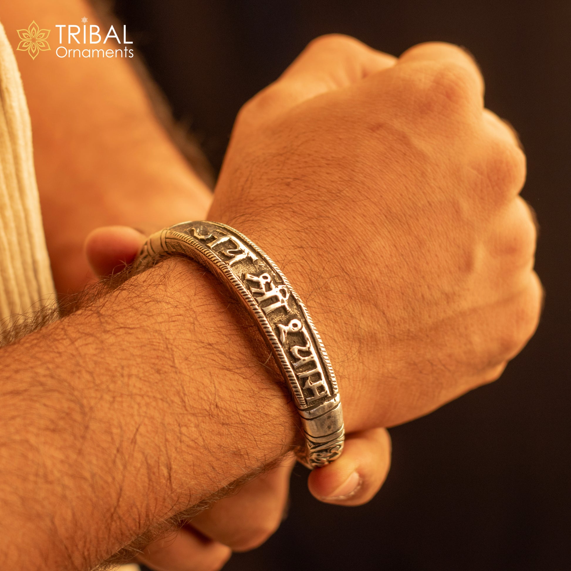 925 Sterling silver handmade chitai work "jai shree shyam" lord krishna mantra bracelet kada best divine unisex tribal ethnic jewelry nsk649 - TRIBAL ORNAMENTS