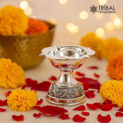 925 sterling silver handmade Chitai and Kandrai work oil lamp, traditional silver Deepak for puja and temple rituals.