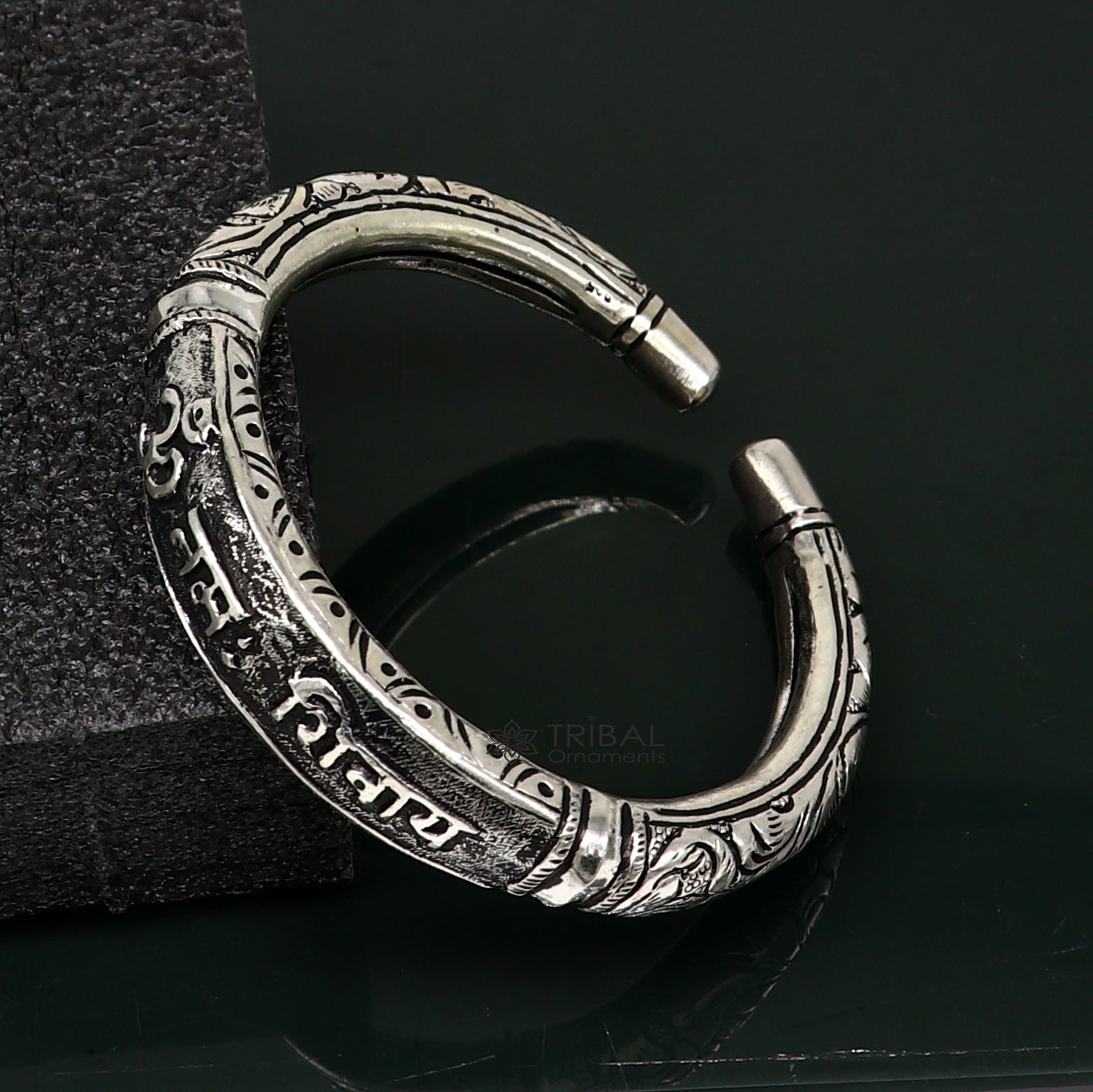 925 Sterling silver handmade chitai work lord Shiva "om namah shivay" mantra bracelet kada best unisex tribal ethnic jewelry nsk587 - TRIBAL ORNAMENTS