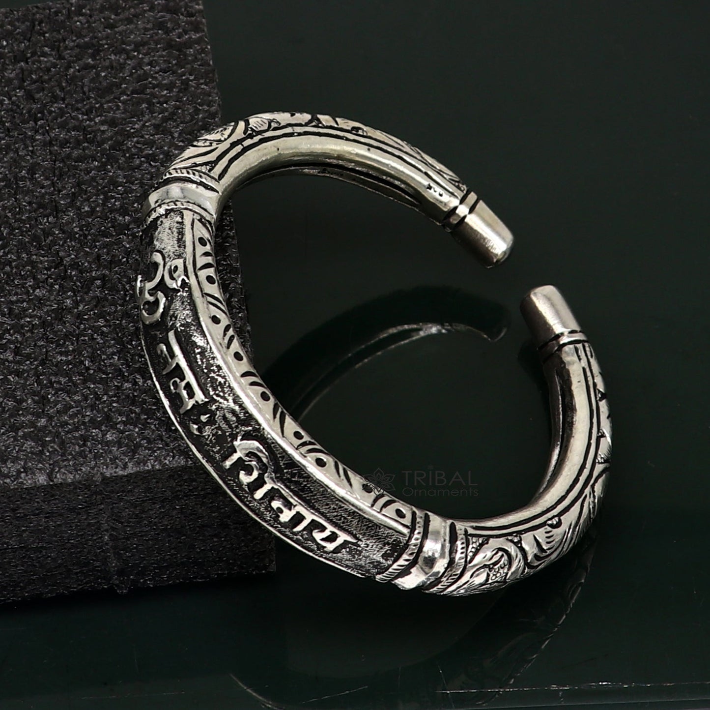 925 Sterling silver handmade chitai work lord Shiva "Om Namah Shivay" mantra bracelet kada best unisex tribal ethnic jewelry nsk588 - TRIBAL ORNAMENTS