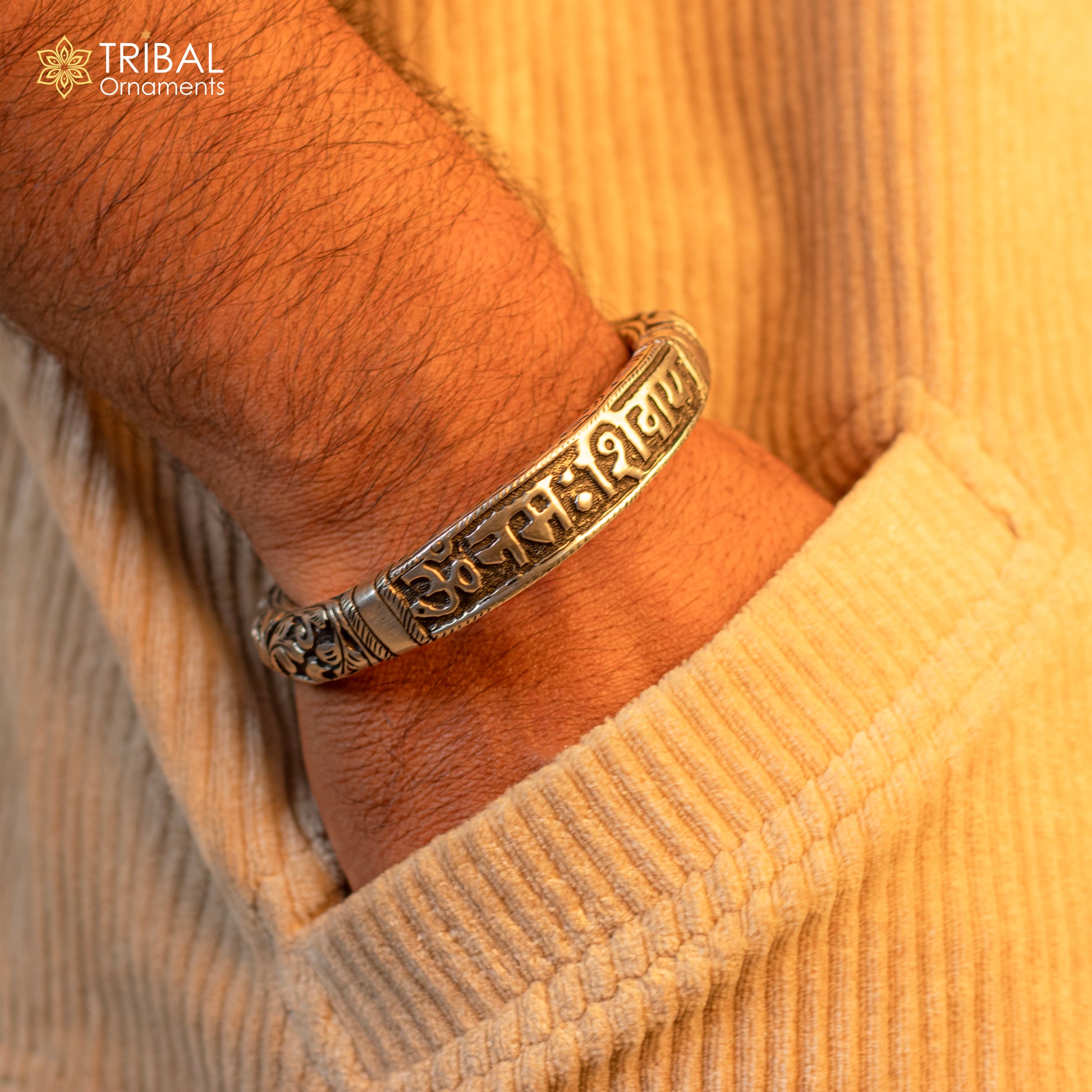 925 Sterling silver handmade chitai work lord Shiva "Om Namah Shivay" mantra bracelet kada best unisex tribal ethnic jewelry nsk588 - TRIBAL ORNAMENTS