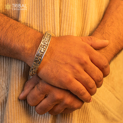 Sterling silver handmade Lord Shiva "Om Namah Shivay" mantra bracelet with chitai work, unisex tribal ethnic jewelry.