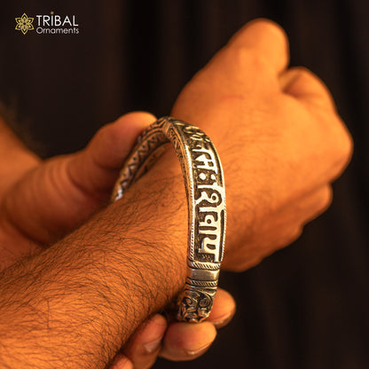 925 Sterling silver handmade Lord Shiva "Om Namah Shivay" mantra bracelet kada with tribal ethnic design, unisex jewelry.