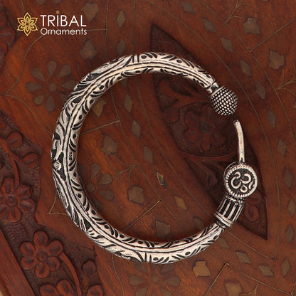 Sterling silver handmade Lord Shiva Trishul bangle bracelet with chitai work, unisex design, customized tribal ornament.