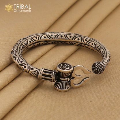 925 Sterling silver handmade Lord Shiva Trishul bangle bracelet with chitai work, unisex design, customized tribal ornament jewelry.