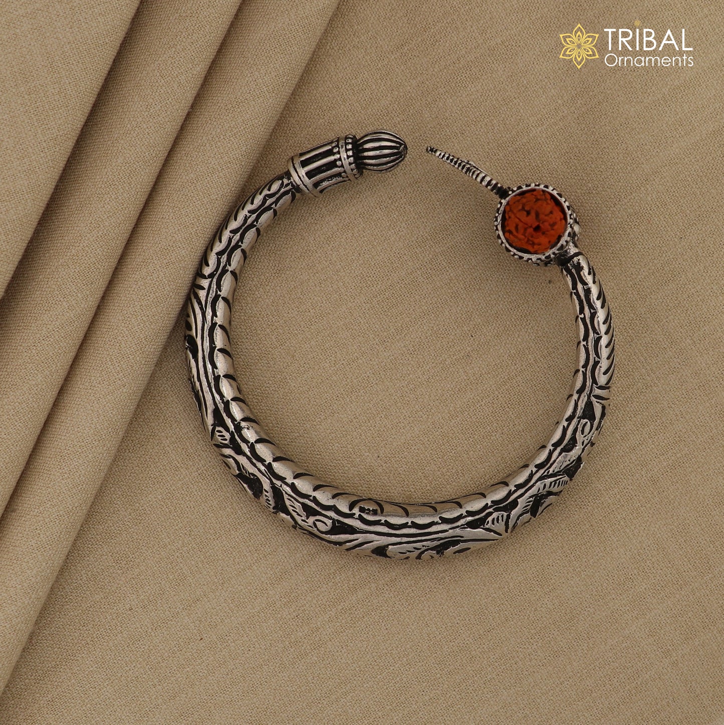 925 Sterling silver handmade chitai work Lord Shiva trident trishul kada bangle bracelet with natural Rudraksha customized kada nsk592 - TRIBAL ORNAMENTS