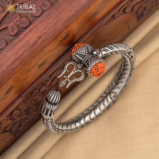 925 Sterling silver handmade chitai work Lord Shiva trident trishul kada bangle bracelet with natural Rudraksha customized kada nsk592 - TRIBAL ORNAMENTS