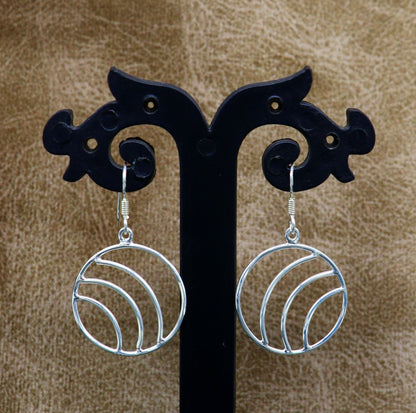 Sterling silver handmade circle hoop earrings by TRIBAL ORNAMENTS, elegant geometric drop dangle earrings for women.