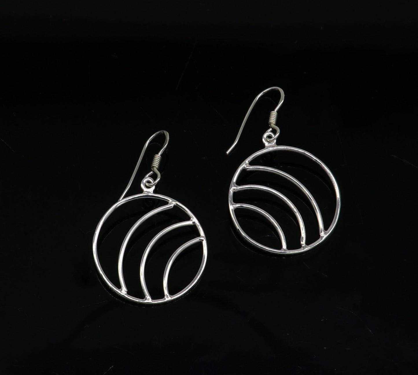 Sterling silver handmade circle hoop earring with geometric drop dangle, elegant trendy jewelry by Tribal Ornaments