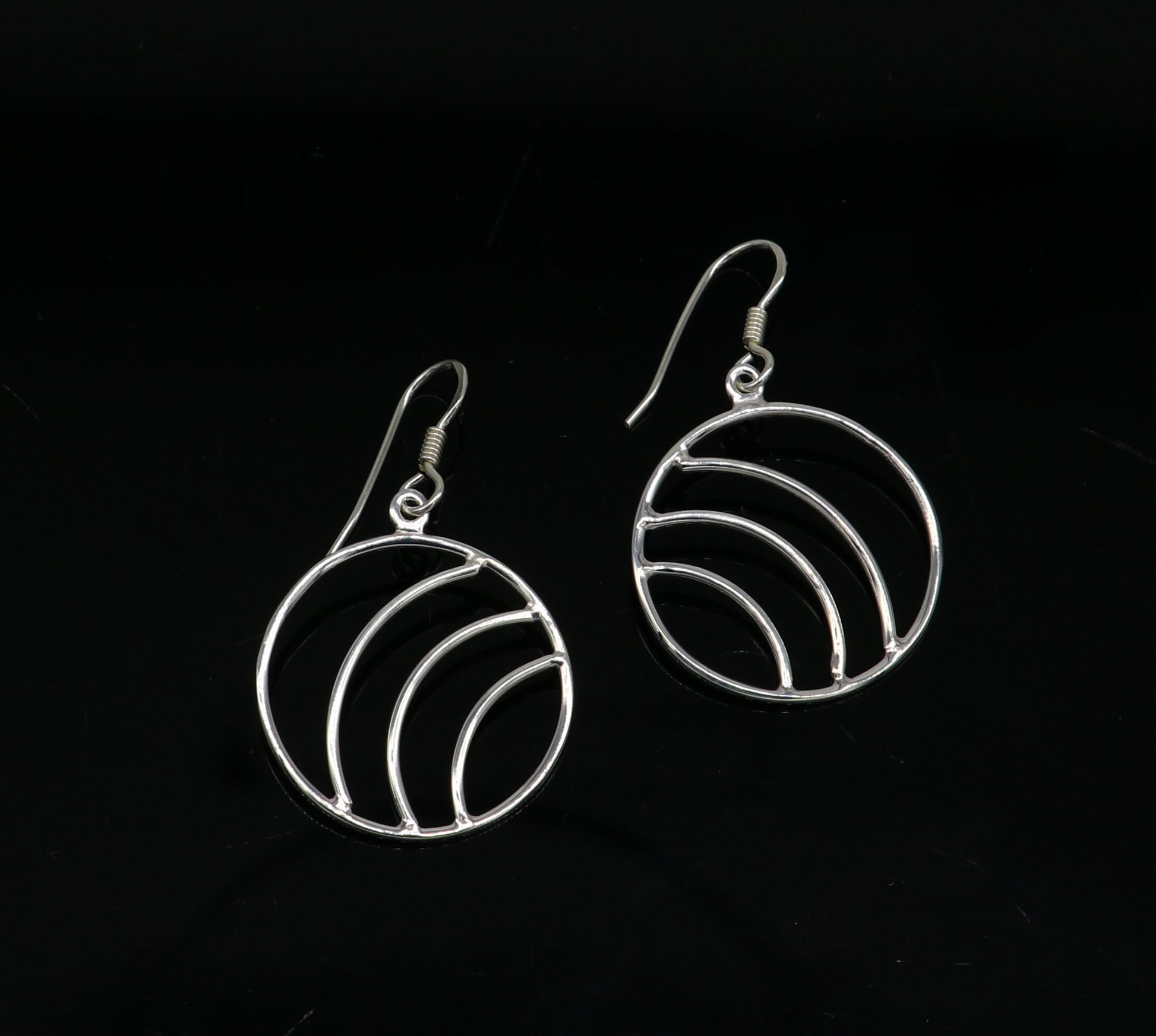Sterling silver handmade circle hoop earring with geometric drop dangle, elegant trendy jewelry by Tribal Ornaments