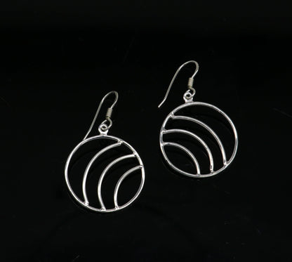 Sterling silver handmade circle hoop earring with geometric drop dangle, elegant trendy jewelry by Tribal Ornaments