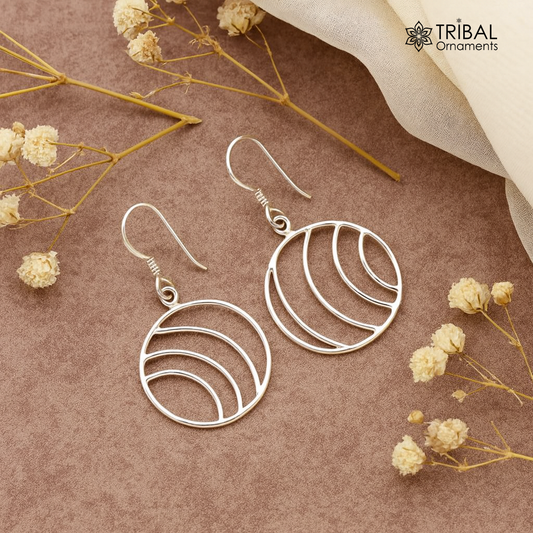 Sterling silver handmade circle hoop earring with drop dangle geometric design, elegant and trendy jewelry for her.