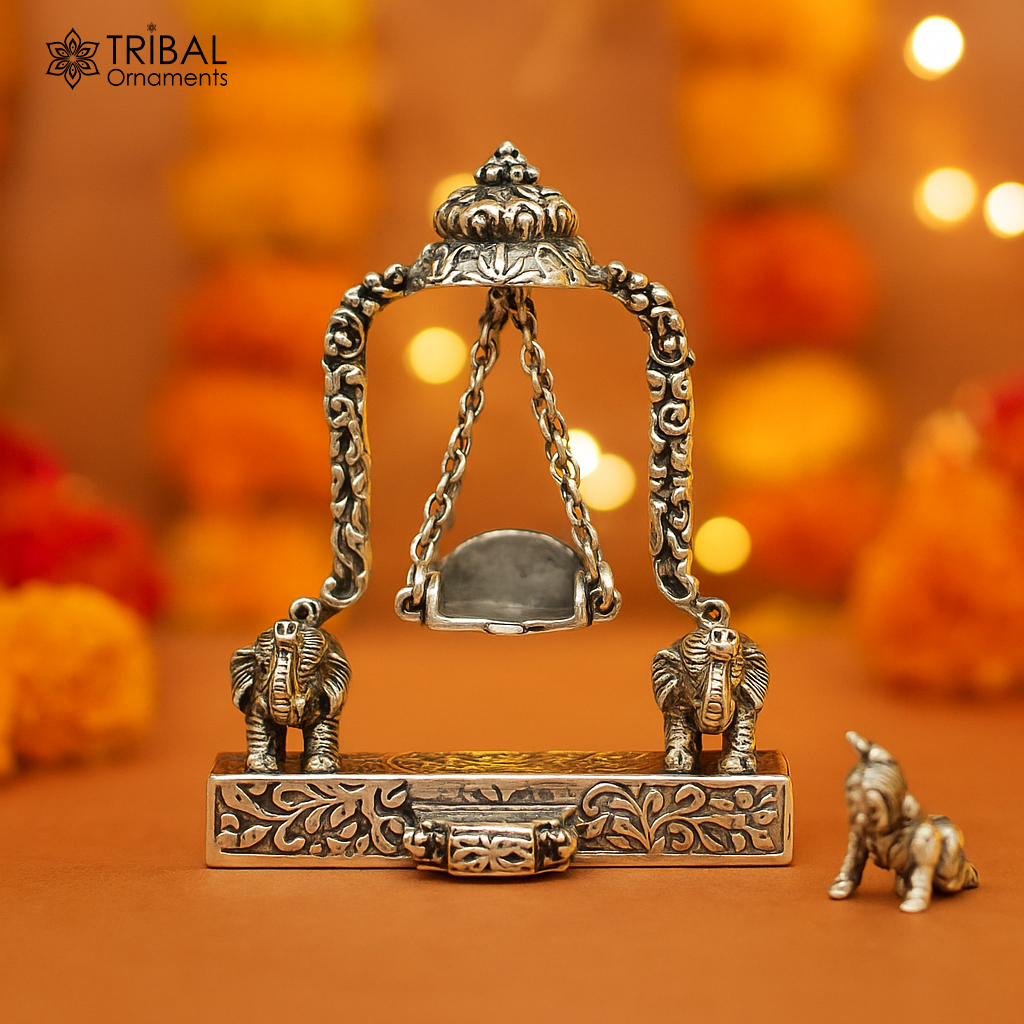 925 Sterling silver handmade custom design Idols Lord Krishna with swing, Bal Gopala Statue figurine, puja articles decorative gift art38 - TRIBAL ORNAMENTS