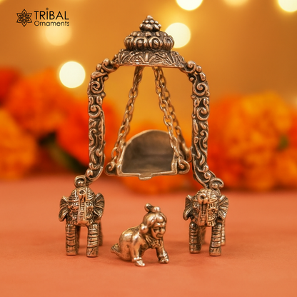 Sterling silver Lord Krishna idol with swing, handcrafted Bal Gopala figurine, decorative puja article by TRIBAL ORNAMENTS