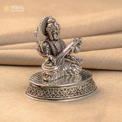 925 Sterling silver handmade customized Hindu idol Saraswati  sharda maa statue, puja article figurine,Diwali puja gift Articles art219 - TRIBAL ORNAMENTS