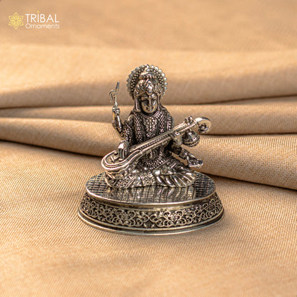 925 Sterling silver handmade customized Hindu idol Saraswati  sharda maa statue, puja article figurine,Diwali puja gift Articles art219 - TRIBAL ORNAMENTS