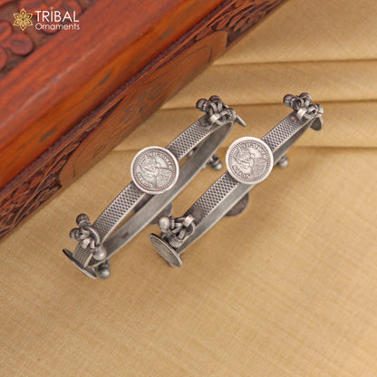 Sterling silver ethnic bangle bracelet with vintage style hanging drops, handmade by Tribal Ornaments for a customized tribal look.